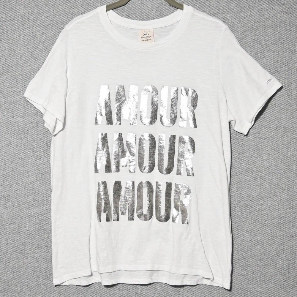 Cinq a Sept Amour Graphic Tee Womens Short Sleeve Slub Cotton White Silver M